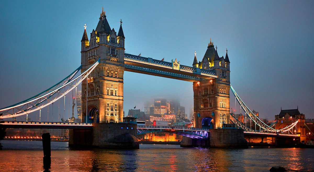 Night view of Tower Bridge in London, United Kingdom